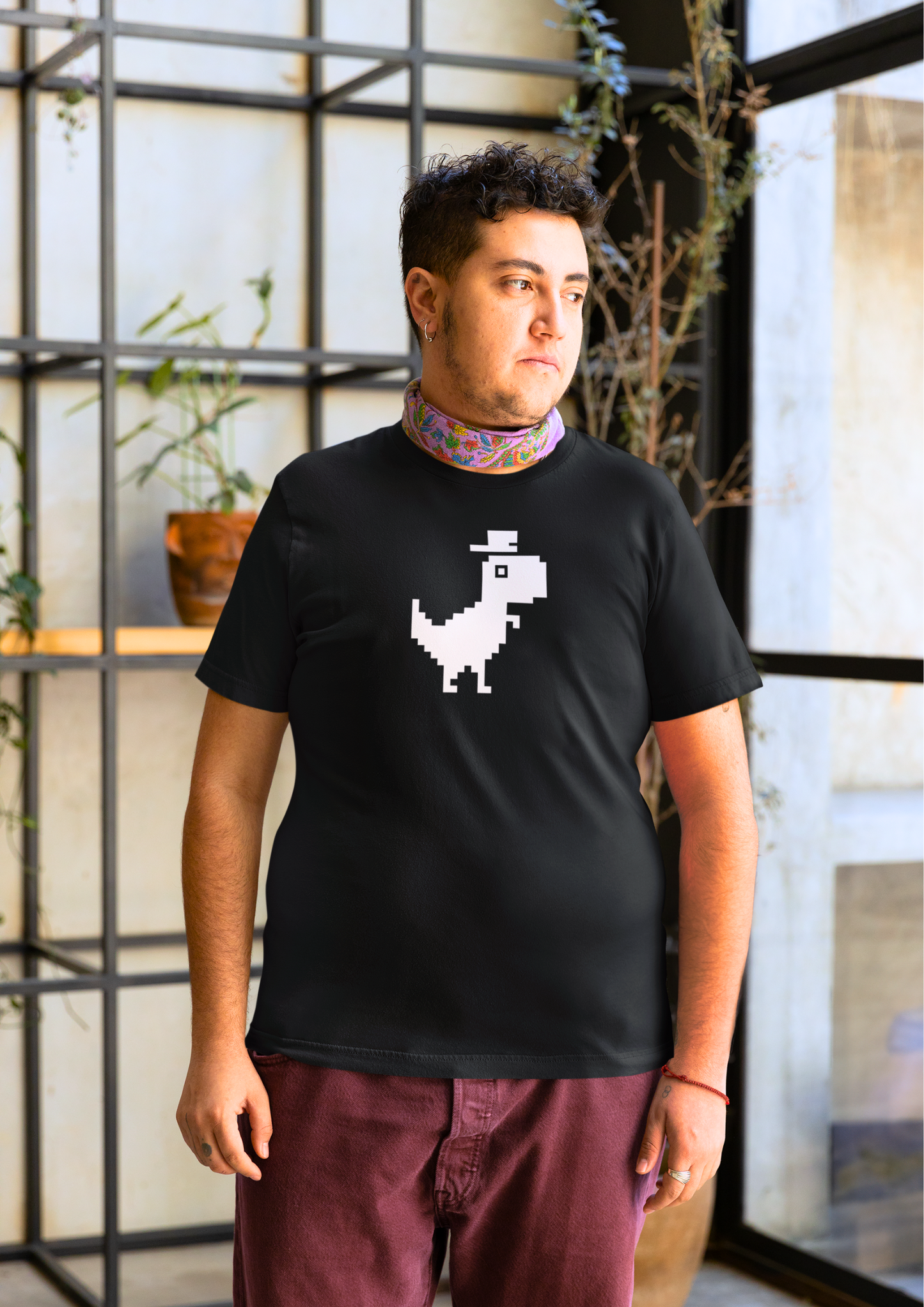 Pixel Dino Graphic T-Shirt - Black Oversized Cotton Tee for Retro Gaming Fans: Choosypanda