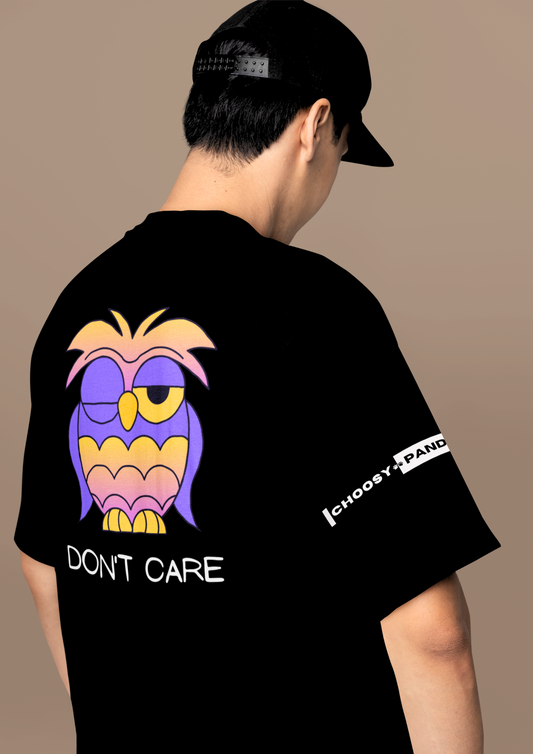 Trendy Black Cotton Overised T-Shirt with Winking Owl Graphic - 'Don't Care' Design: Choosypanda