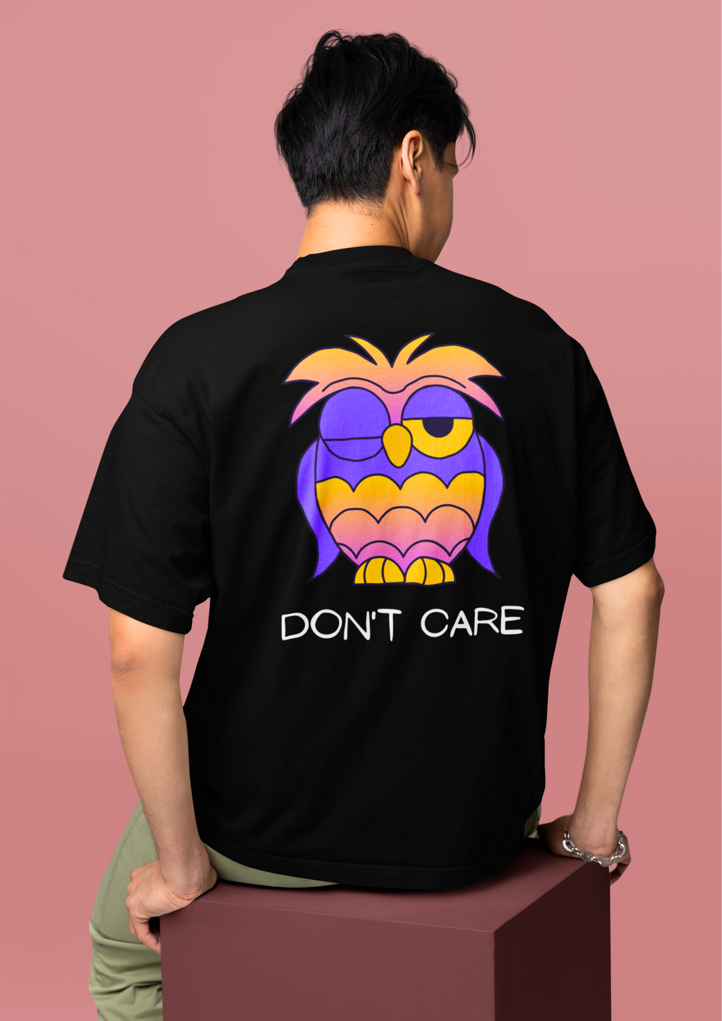 Trendy Black Cotton Overised T-Shirt with Winking Owl Graphic - 'Don't Care' Design: Choosypanda