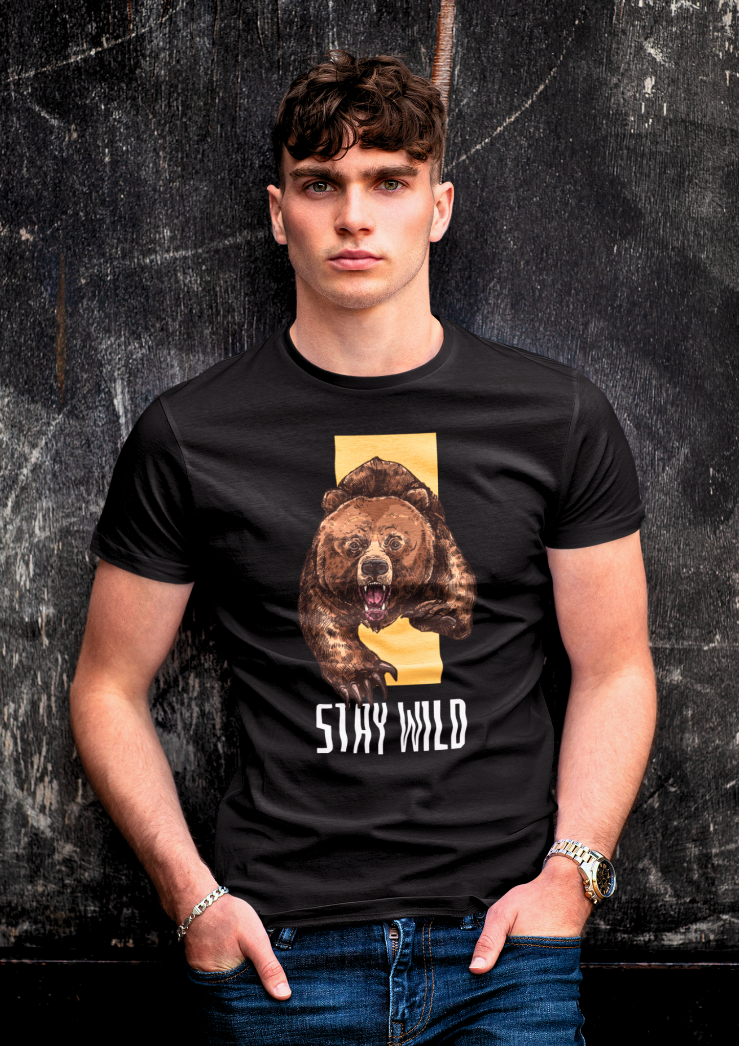 Stay Wild: Fierce Bear Graphic on Black Cotton T-Shirt: Choosypanda