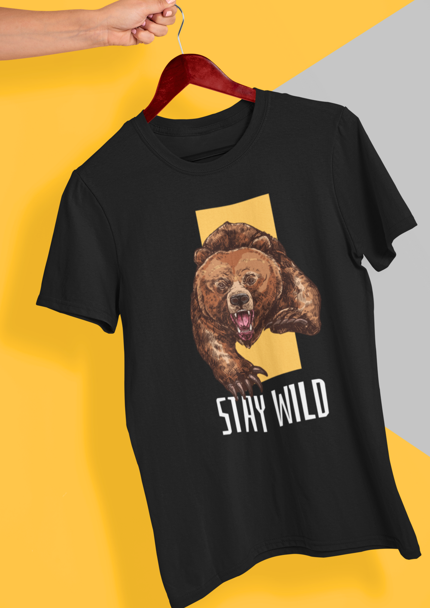 Stay Wild: Fierce Bear Graphic on Black Cotton T-Shirt: Choosypanda