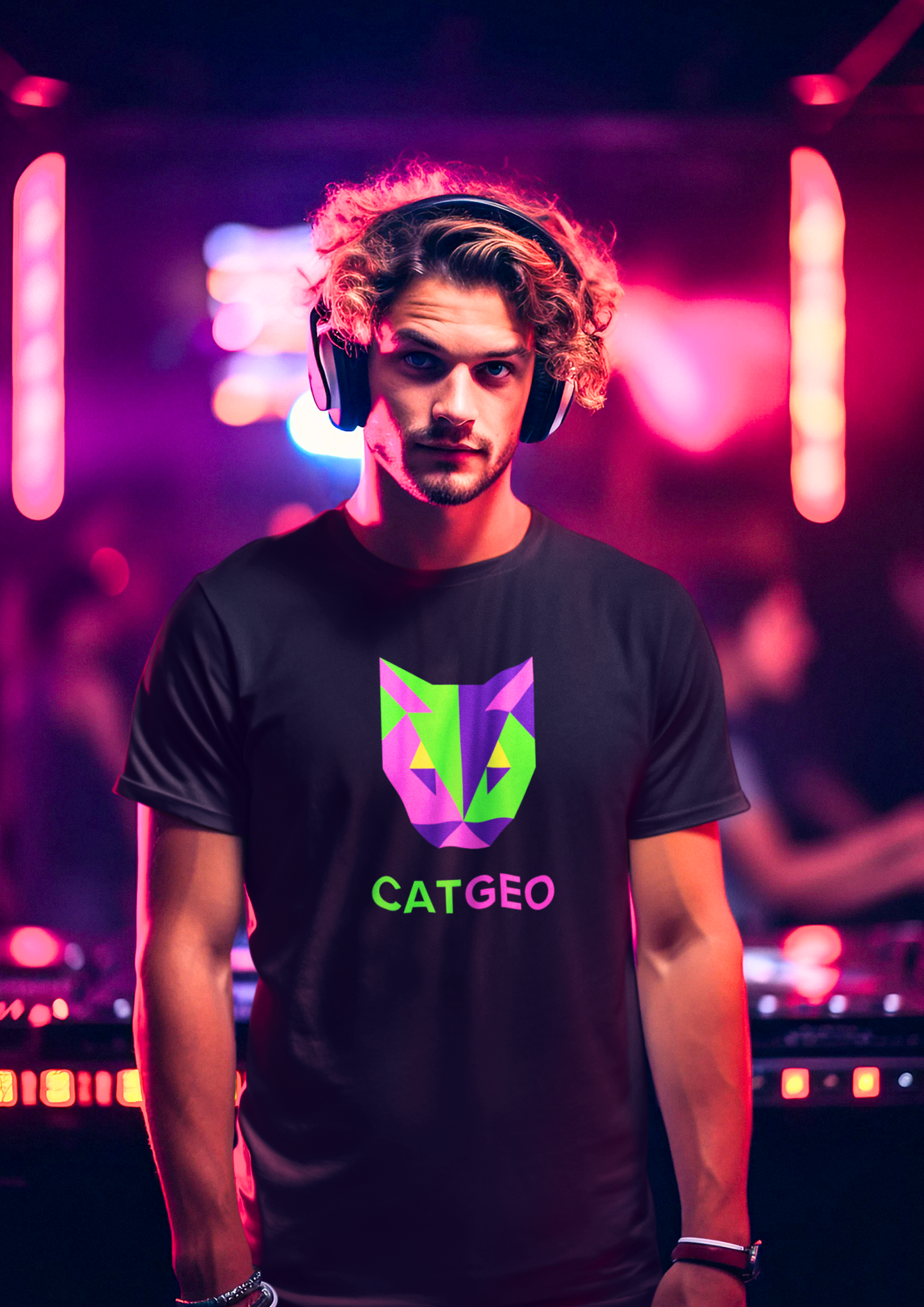 Stylish Black Cotton T-Shirt with Vibrant CatGeo Logo - Perfect for Night Events