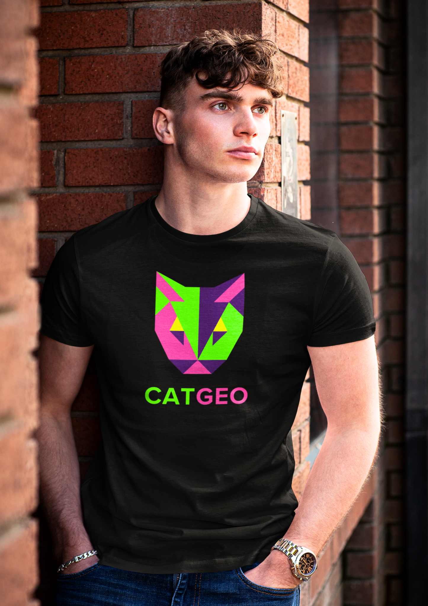 Stylish Black Cotton T-Shirt with Vibrant CatGeo Logo - Perfect for Night Events