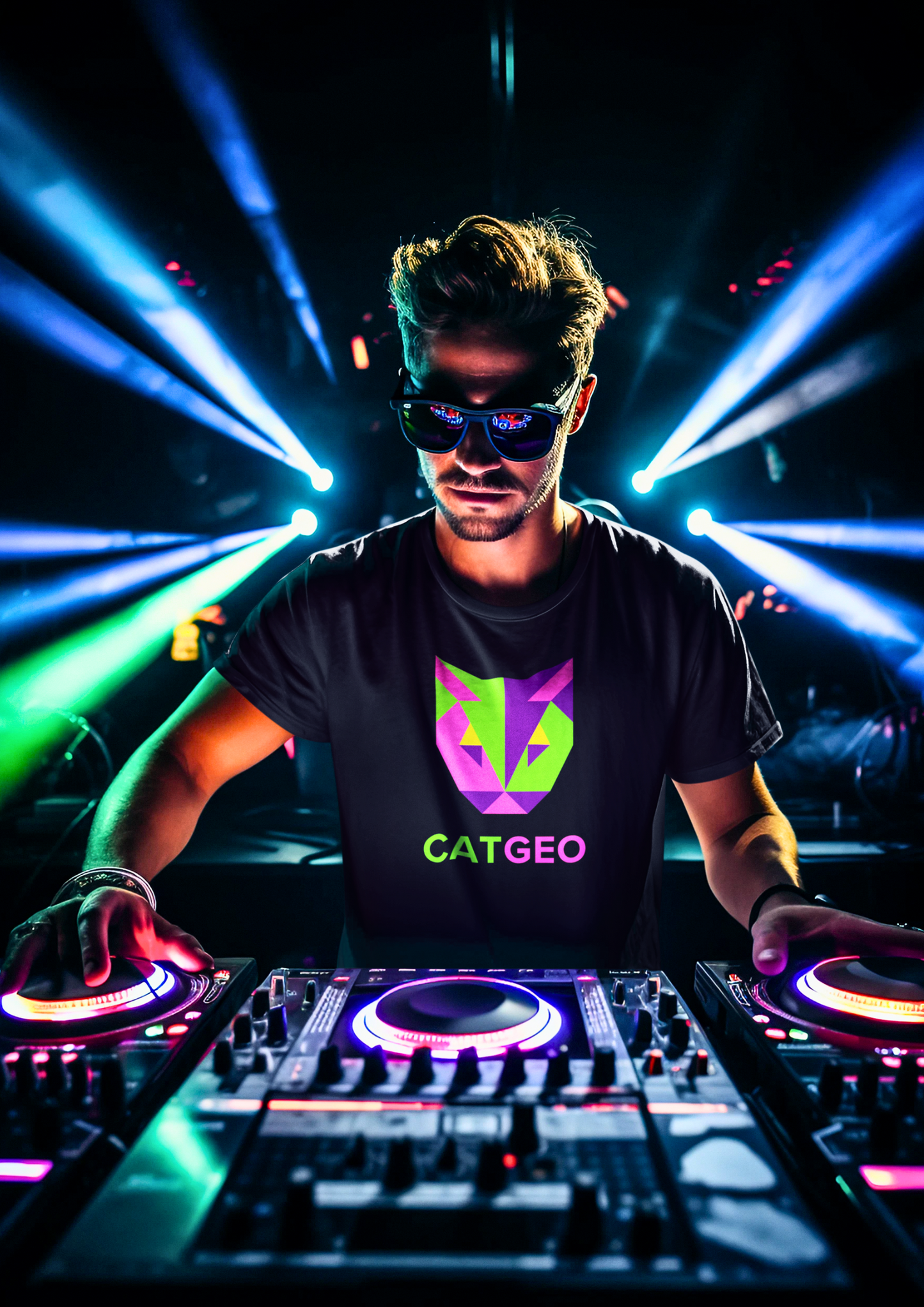 Stylish Black Cotton T-Shirt with Vibrant CatGeo Logo - Perfect for Night Events