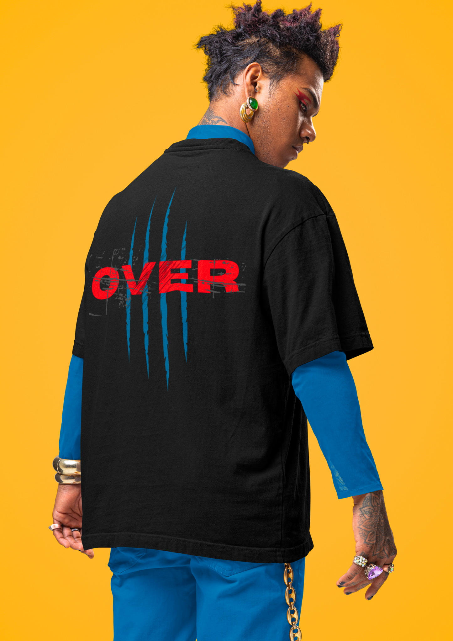 Stylish Black Oversized T-Shirt with Bold 'OVER' Graphic Design: Choosypanda