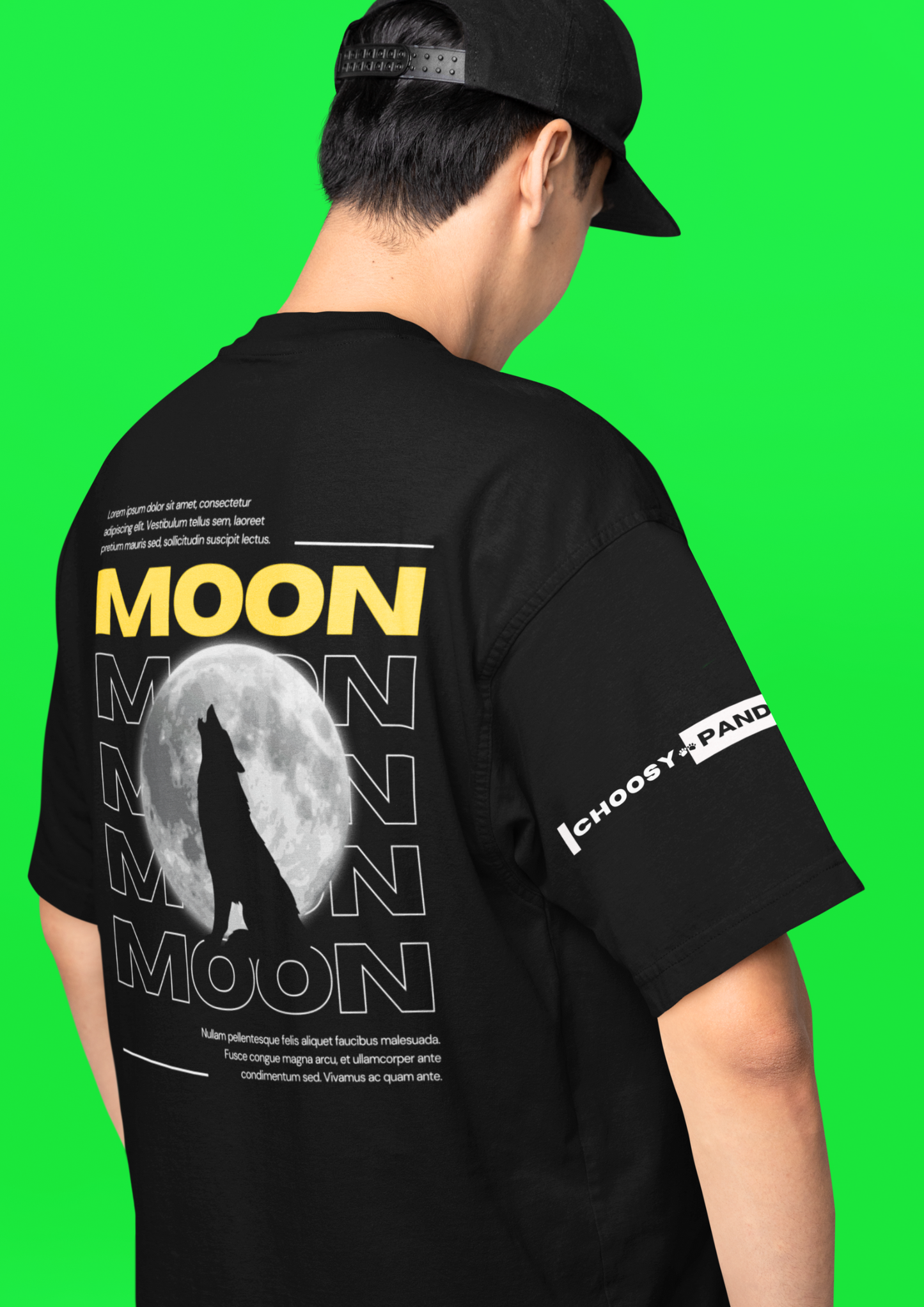 Stylish Black Oversized T-Shirt with Moon and Wolf Graphic Design: Choosypanda