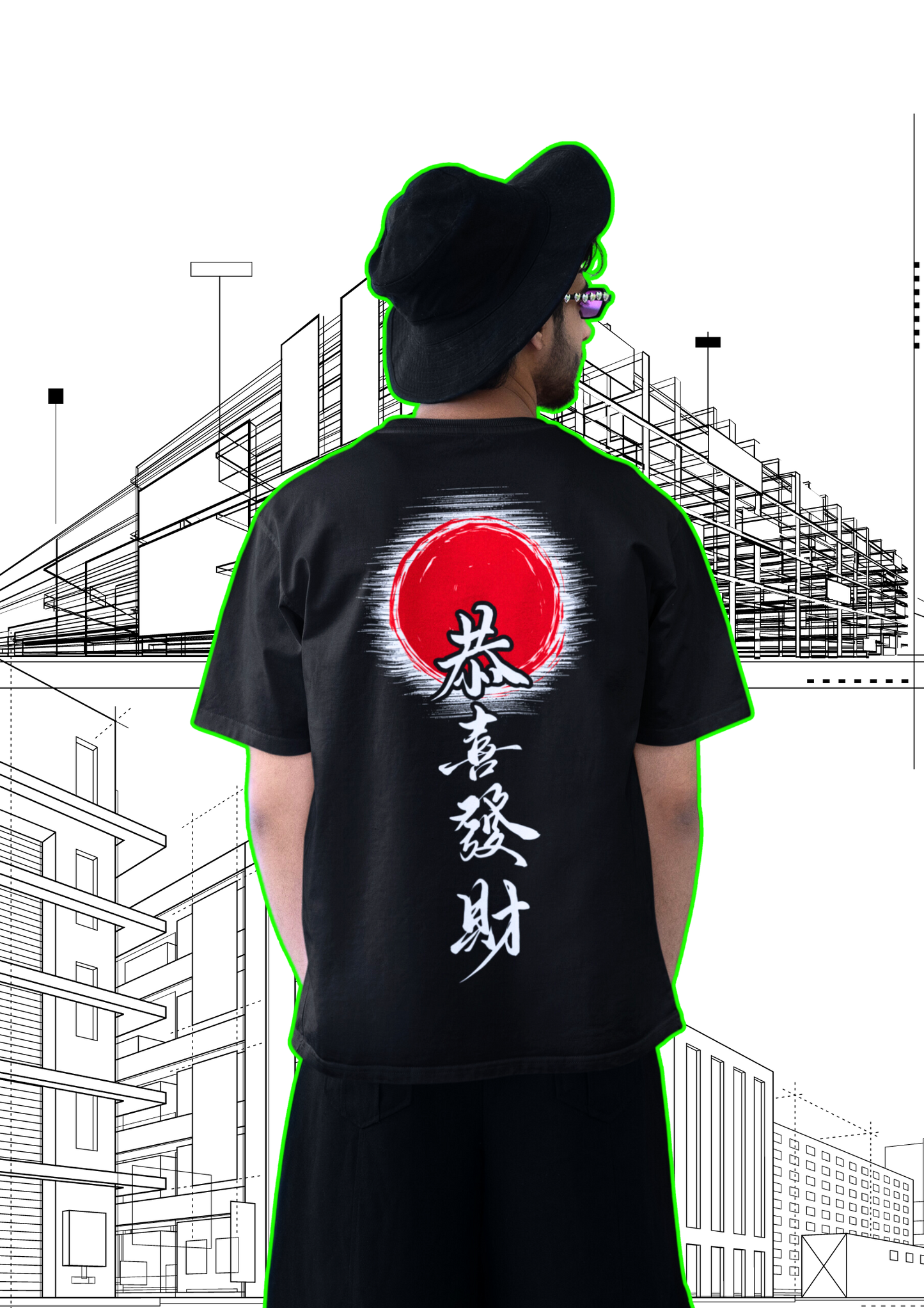 Black Oversized Cotton T-Shirt with Red Sun and Chinese Calligraphy: Choosypanda