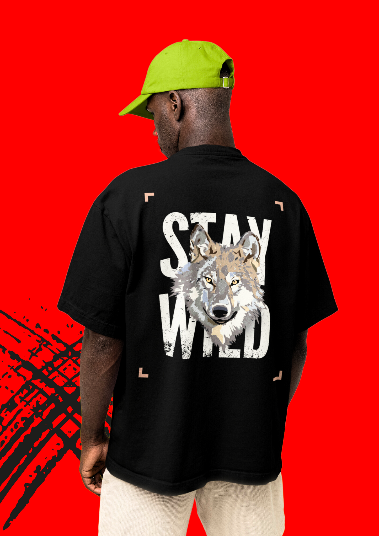 Stay Wild Black Oversized T-Shirt with Wolf Graphic Design: Choosypanda