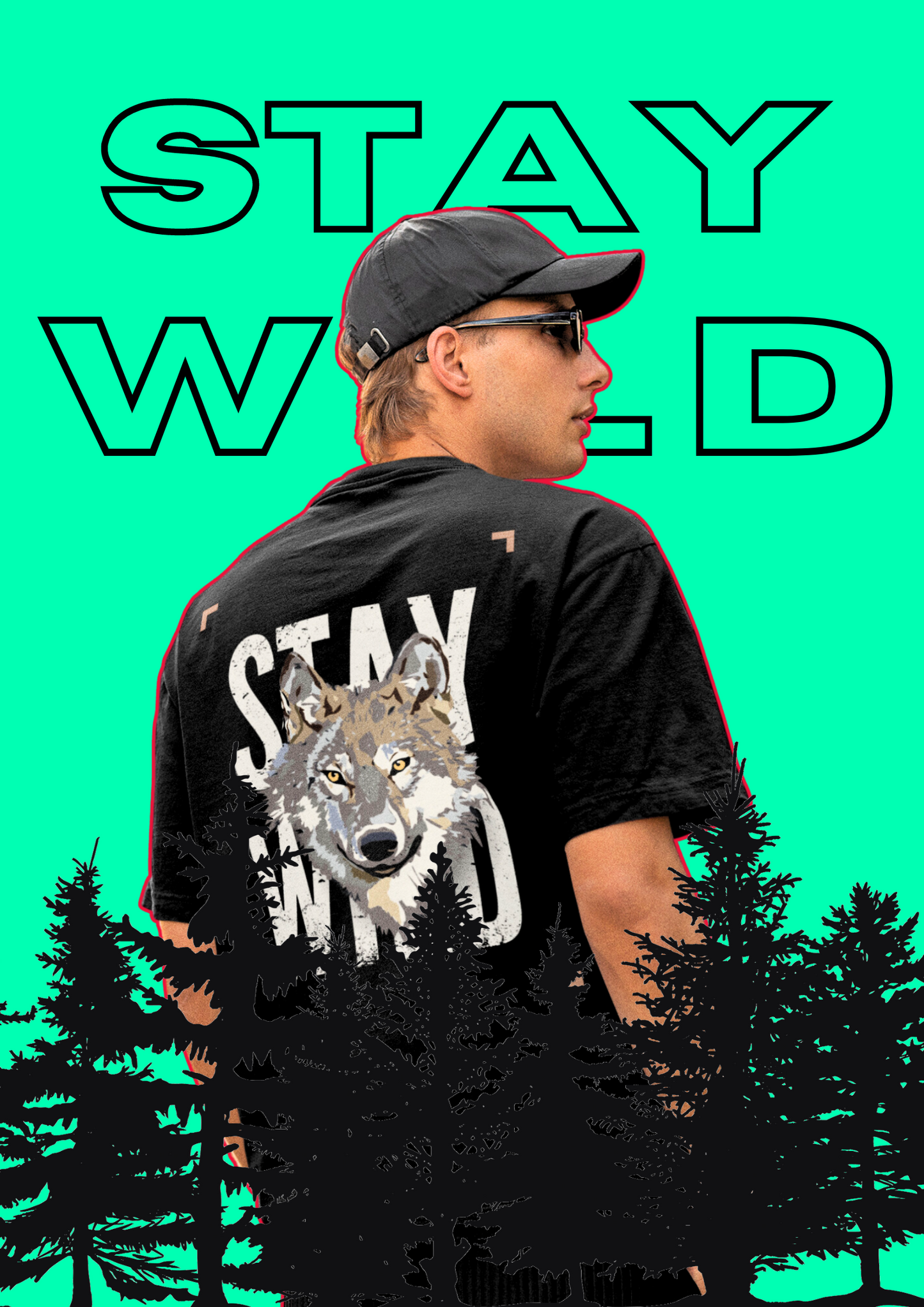 Stay Wild Black Oversized T-Shirt with Wolf Graphic Design: Choosypanda