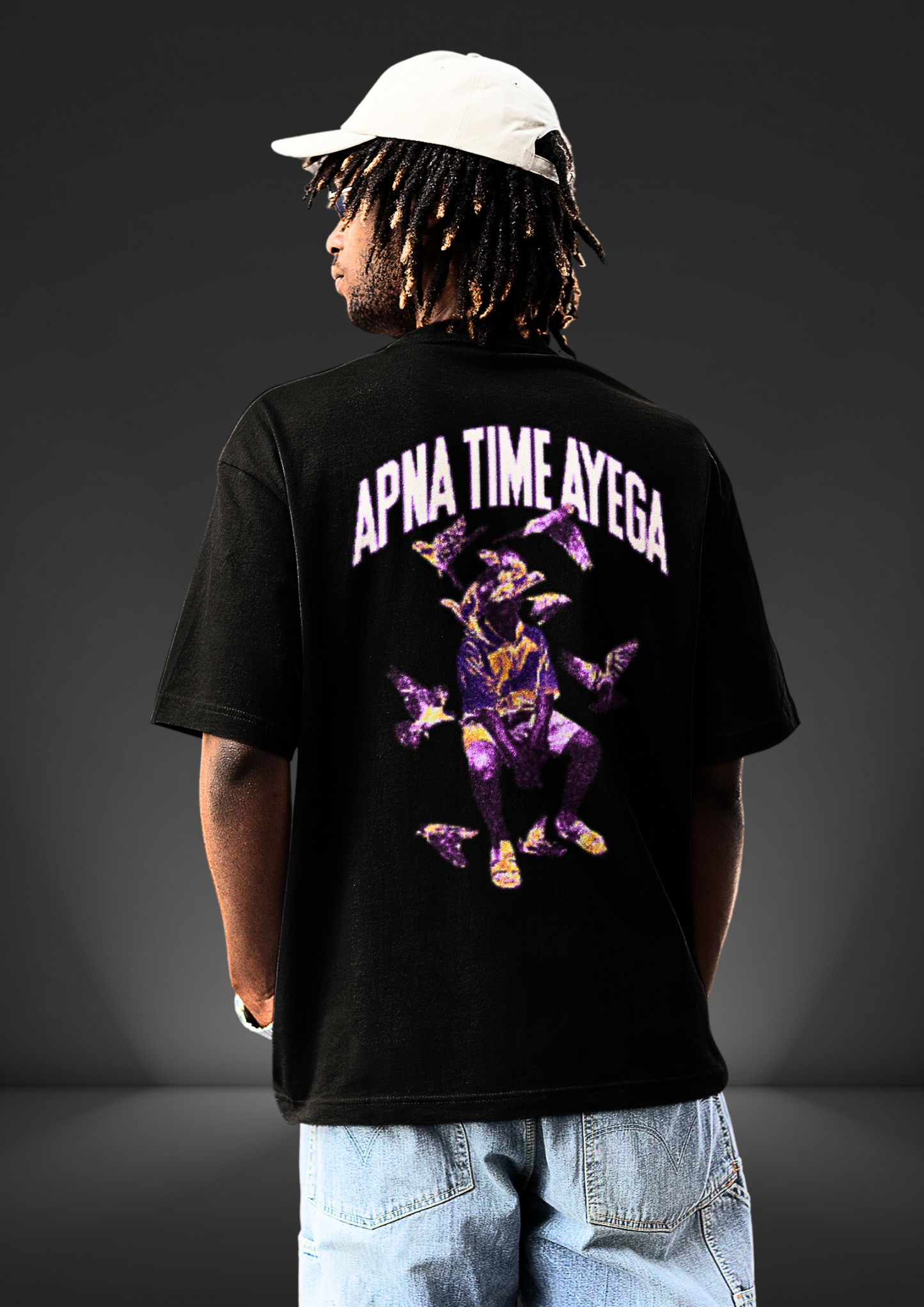 Black Oversized T-Shirt with 'Apna Time Ayega' Graphic - Trendy Streetwear for Men