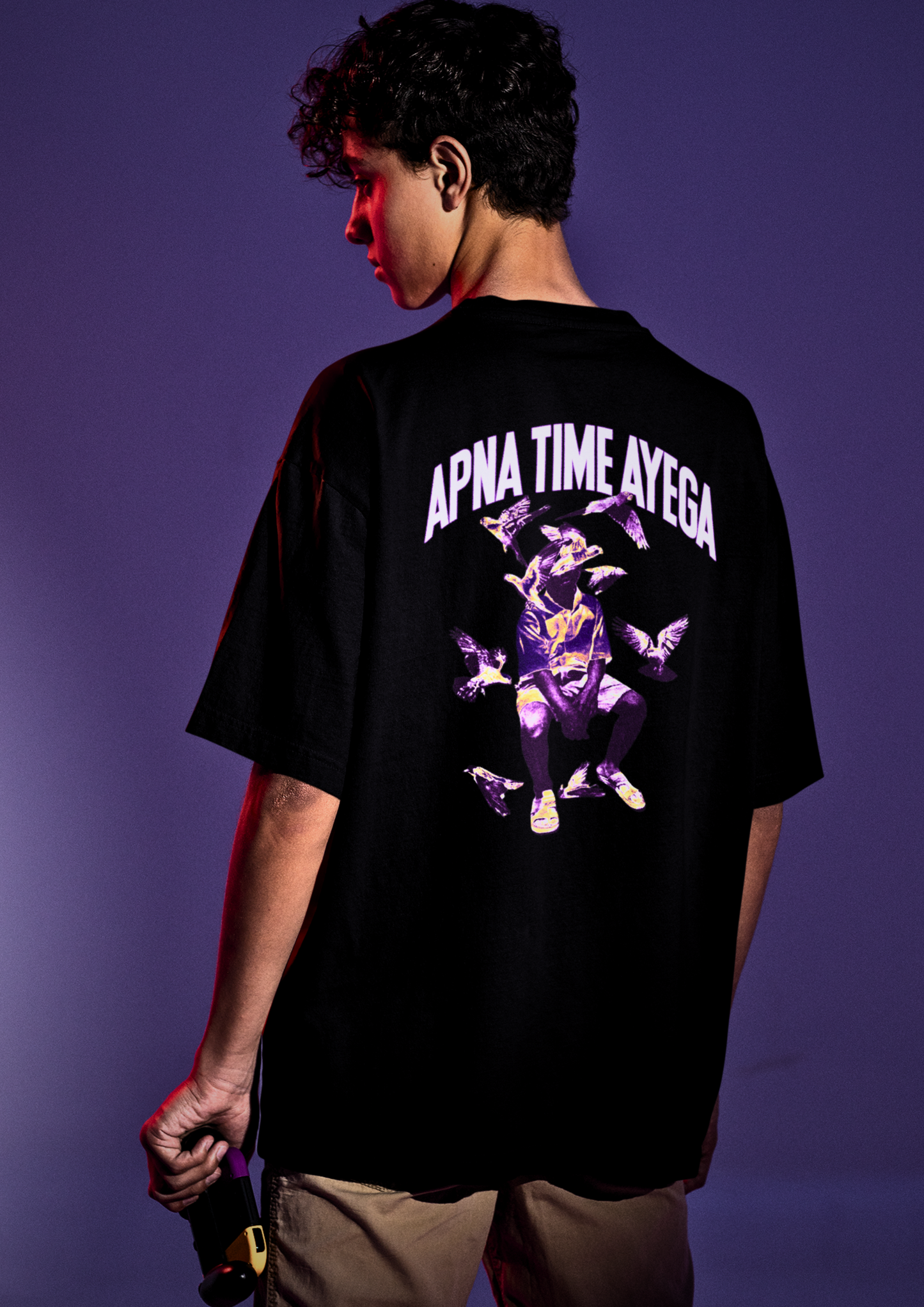 Black Oversized T-Shirt with 'Apna Time Ayega' Graphic - Trendy Streetwear for Men